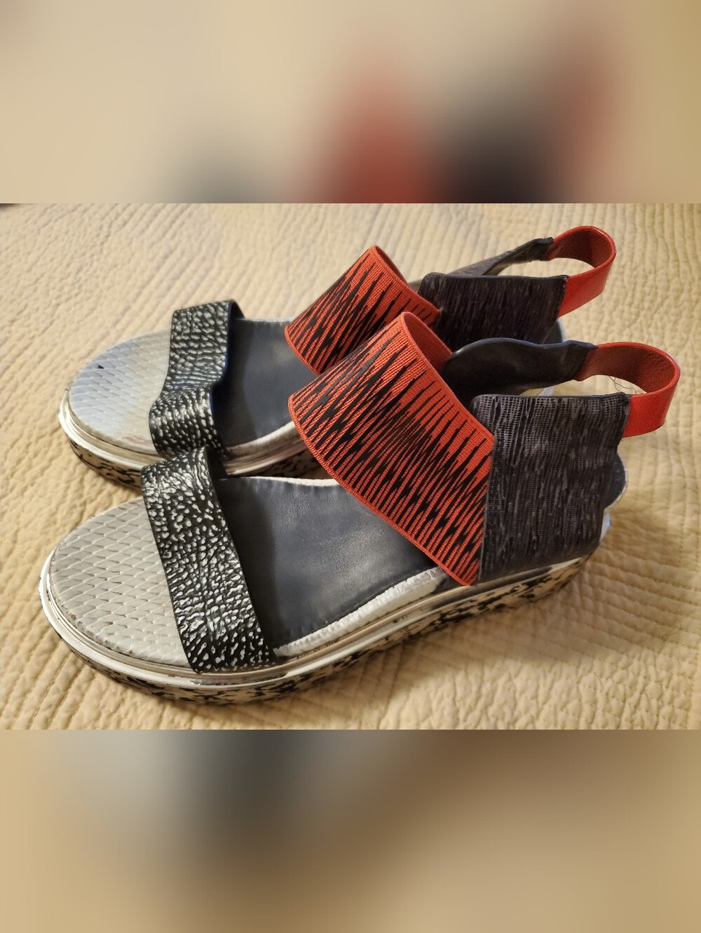 United Nude Elastic Strap Sandals in Black, Gray and Red Silver